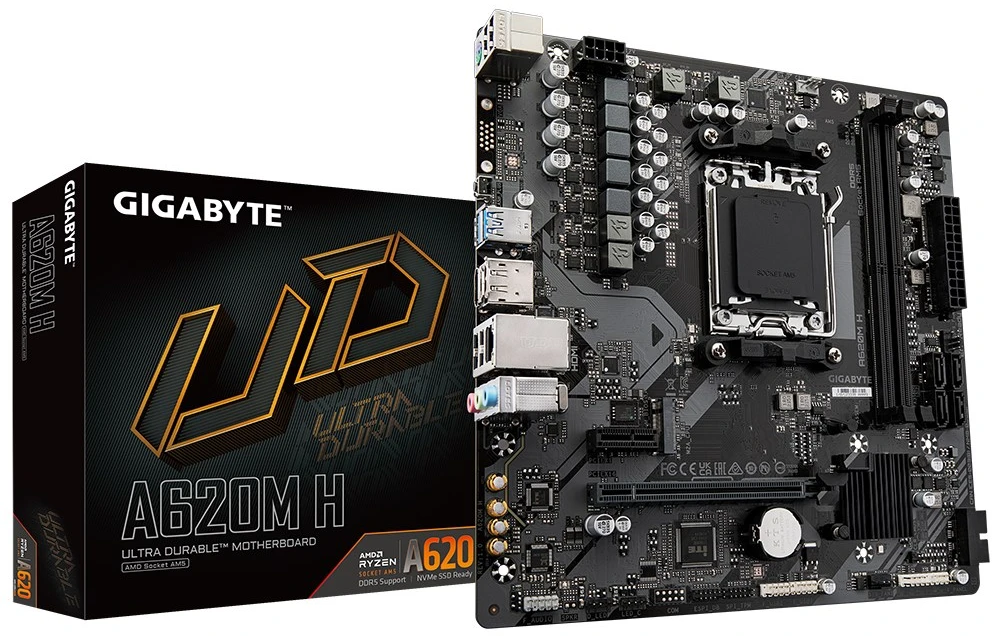 Pagrindinė plokštė - Gigabyte A620M H, palaiko AMD Ryzen 7000, 8000, 9000 serijas, DDR5 7200 MHz, PCIe 4.0, M.2, 1GbE, HDMI 2.1, DisplayPort 1.4