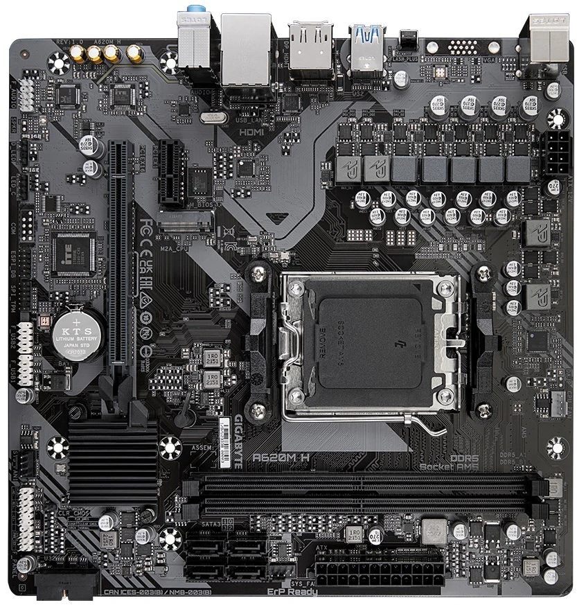 Pagrindinė plokštė - Gigabyte A620M H, palaiko AMD Ryzen 7000, 8000, 9000 serijas, DDR5 7200 MHz, PCIe 4.0, M.2, 1GbE, HDMI 2.1, DisplayPort 1.4