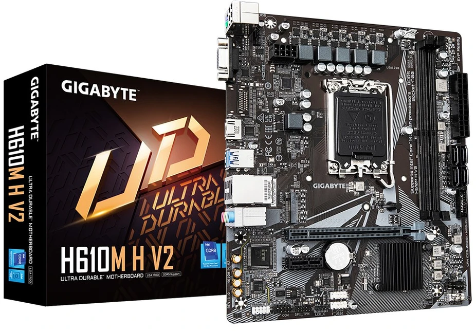 Pagrindinė plokštė - GIGABYTE H610M H V2, palaiko Intel Core 14-osios kartos CPU, 2 DIMM lizdai, USB 3.2 Gen 1