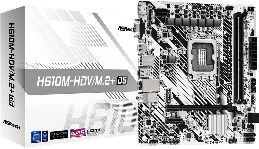 Pagrindinė plokštė ASRock | H610M-HDV/M.2+ D5 | Procesorių šeima Intel | Procesoriaus lizdas LGA1700 | DDR5 DIMM | Palaikomos standžiojo disko sąsajos SATA3, M.2 | SATA jungčių skaičius 4