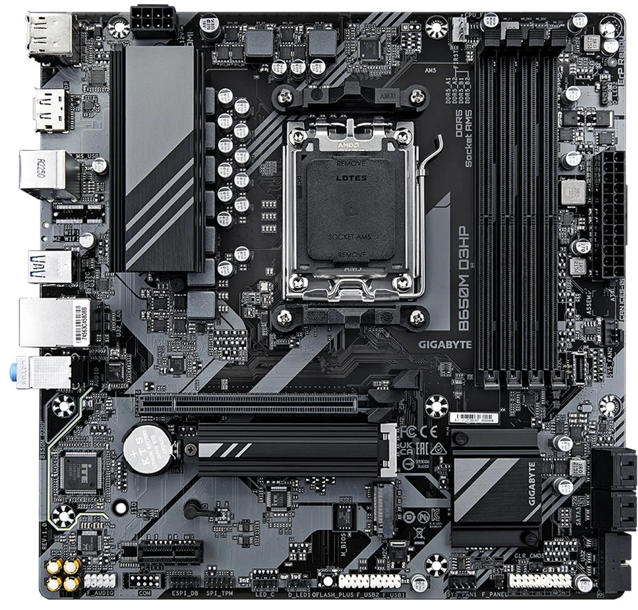 Pagrindinė plokštė „Gigabyte“ | B650M D3HP | Procesorių šeima AMD | Procesoriaus lizdas AM5 | DDR5 DIMM | Atminties lizdai 1 | Palaikomos standžiojo disko sąsajos SATA, M.2 | SATA jungčių skaičius 4 | Lustų rinkinys AMD B650 | „Micro ATX“