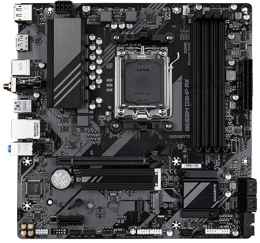 „Gigabyte“ | B650M D3HP AX 1.0 pagrindinė plokštė | Procesorių šeima AMD | Procesoriaus lizdas AM5 | DDR5 | Palaikomos standžiojo disko sąsajos SATA, M.2 | SATA jungčių skaičius 4