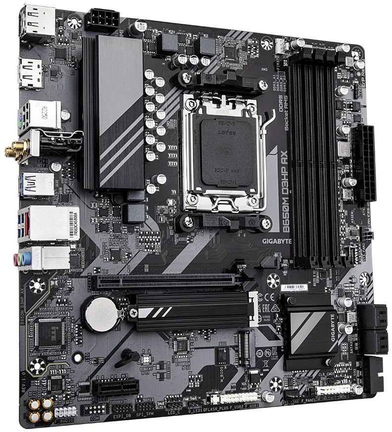 „Gigabyte“ | B650M D3HP AX 1.0 pagrindinė plokštė | Procesorių šeima AMD | Procesoriaus lizdas AM5 | DDR5 | Palaikomos standžiojo disko sąsajos SATA, M.2 | SATA jungčių skaičius 4