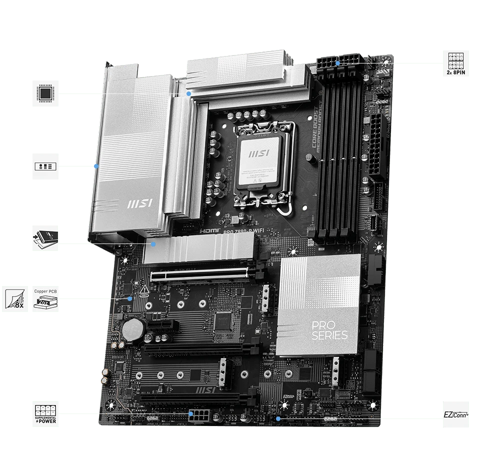Pagrindinė plokštė MSI PRO Z890-P WIFI | Procesorių šeima Intel | Procesoriaus lizdas LGA1851 | DDR5 UDIMM | Palaikomos standžiojo disko sąsajos SATA, M.2 | SATA jungčių skaičius 4