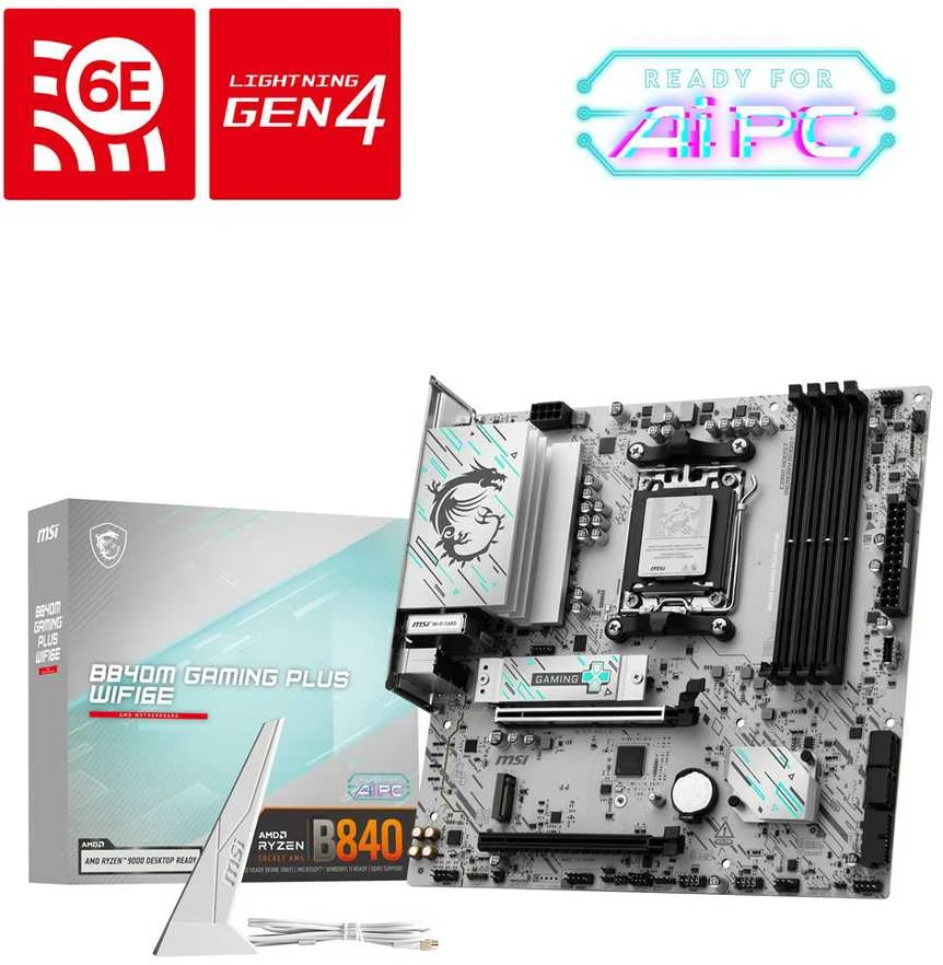 Pagrindinė plokštė MSI B840M GAMING PLUS WIFI6E | Procesorių šeima AMD | Procesoriaus lizdas AM5 | DDR5 | Palaikomos standžiojo disko sąsajos SATA, M.2 | SATA jungčių skaičius 4
