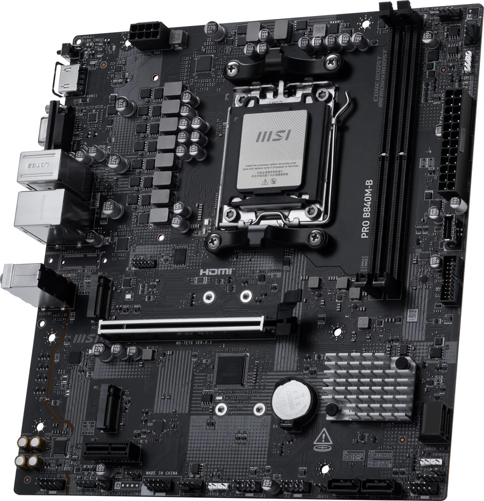 Pagrindinė plokštė MSI PRO B840M-B | Procesorių šeima AMD | Procesoriaus lizdas AM5 | DDR5 | Palaikomos standžiojo disko sąsajos SATA, M.2 | SATA jungčių skaičius 4
