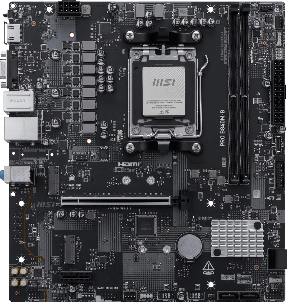 Pagrindinė plokštė MSI PRO B840M-B | Procesorių šeima AMD | Procesoriaus lizdas AM5 | DDR5 | Palaikomos standžiojo disko sąsajos SATA, M.2 | SATA jungčių skaičius 4