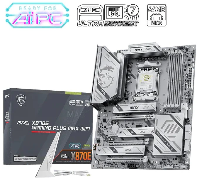 Pagrindinė plokštė MSI MAG X870E GAMING PLUS MAX WIFI | Procesorių šeima AMD | Procesoriaus lizdas AM5 | DDR5 | Palaikomos standžiojo disko sąsajos SATA, M.2 | SATA jungčių skaičius 4