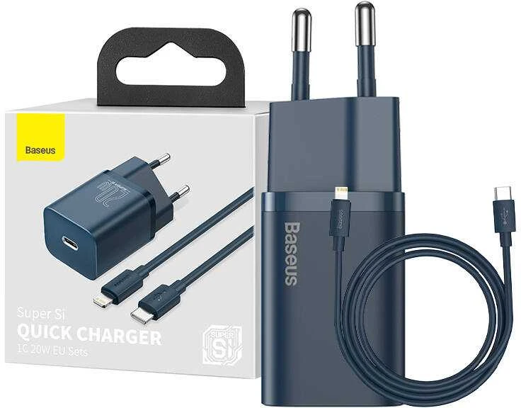 Baseus Super Si 1C 20W greitas sieninis įkroviklis su 1m USB-C - Lightning kabeliu - Mėlynas