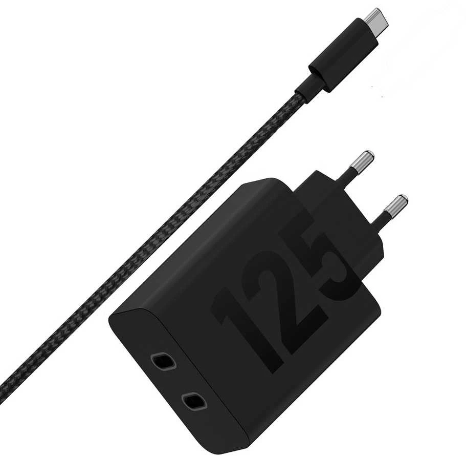 MCD-1252 Motorola TurboPower Duo 2xUSB-C 125W kelioninis įkroviklis + USB-C/USB-C Data kabelis juodos spalvos