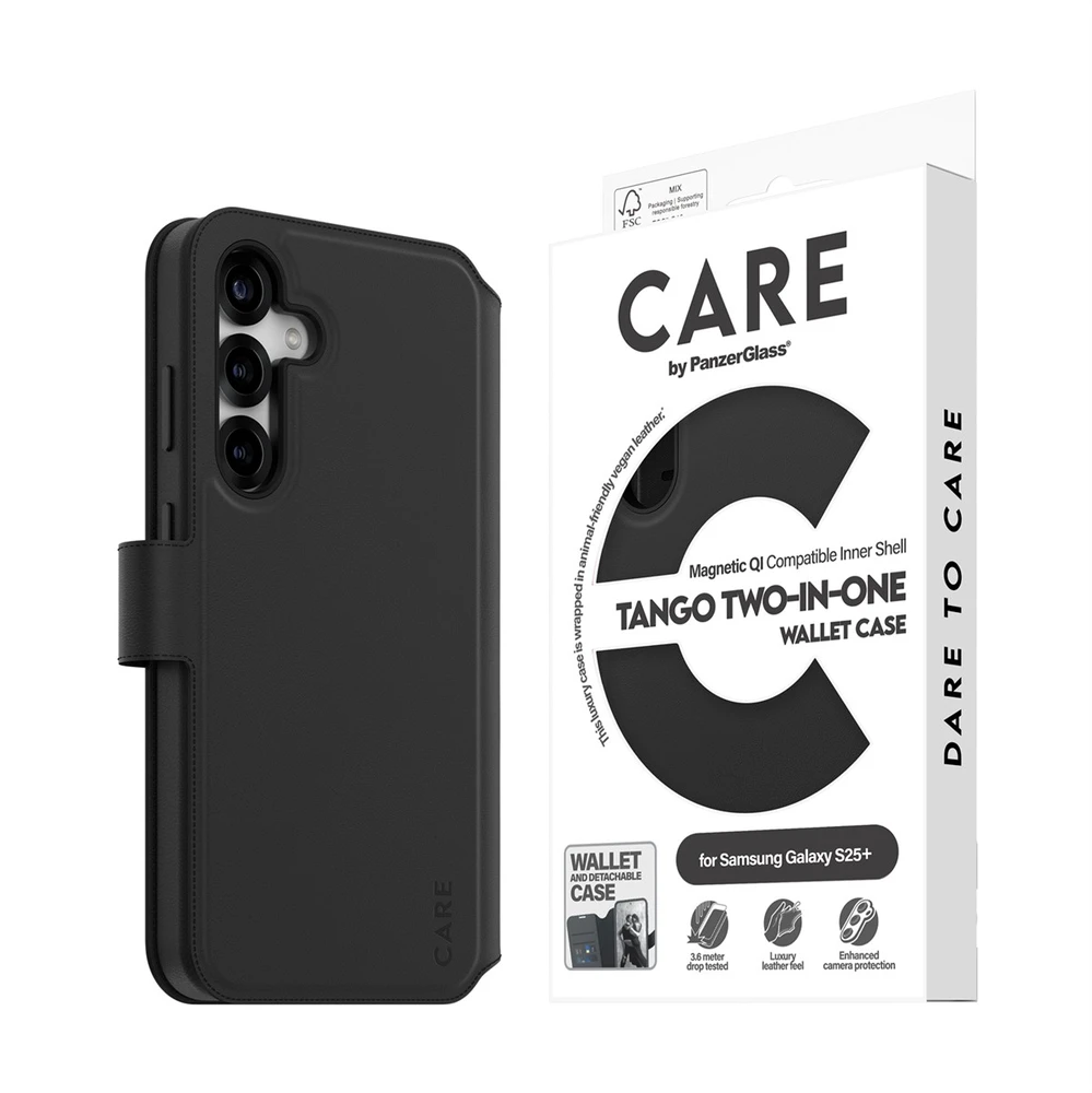 Dėklas Panzer Glass CARE by PanzerGlass Tango Two-in-One Wallet Case with Qi (Samsung Galaxy S25+, Juoda)
