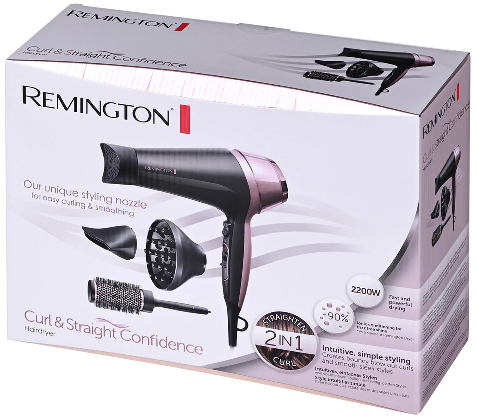 Remington | Curl and Straight Confidence Plaukų džiovintuvas | D5706 | 2200 W | Number of temperature settings 3 | Ionic function | Diffuser nozzle | Juodas