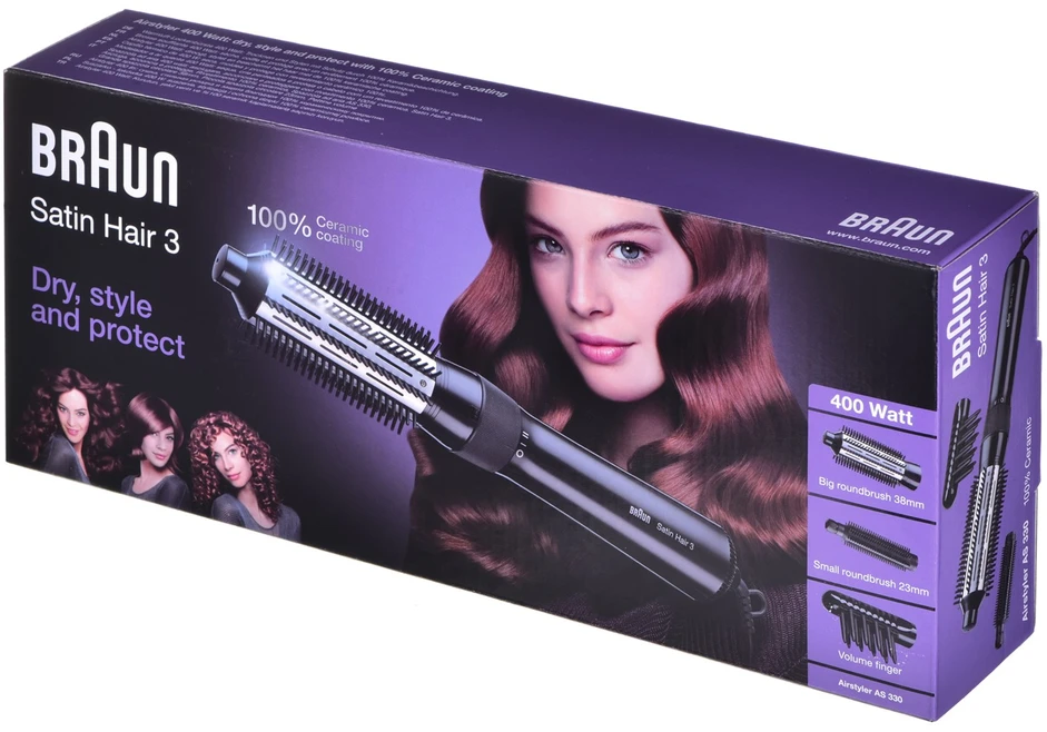 Braun | Satin Hair 3 AS 330 | Garantija 24 mėn. | Ceramic heating system | Number of heating levels 2 | 400 W | Juodas, Mėlyna, Lilac