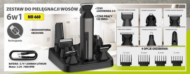 MAESTRO MR-660 6 viename plaukų kirpimo mašinėlė su USB