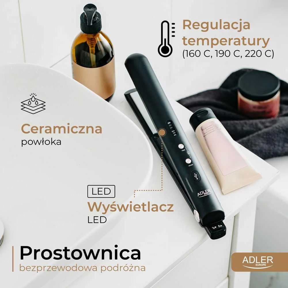 Adler Cordless Plaukų tiesintuvas | AD 2327 | Ceramic heating system | Ekranas LED | Temperature (min) 160 °C | Temperature (max) 220 °C | Juodas