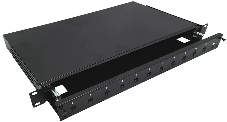 „a-lan Alantec 12xSC simplex / 12xLC duplex“ 19" 1U teleskopinė šviesolaidinė komutacinė panelė su tvirtinimo priedais
