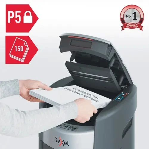 Rexel ShredMax AutoFeed+ 150M automatic paper shredder, P5, 150 sheets, 15-litre waste bin