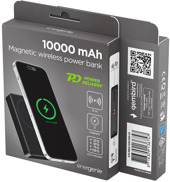 Gembird PB10-WPC15M-01 Magnetinė belaidė nešiojama baterija 15 W, 10000 mAh, juoda
