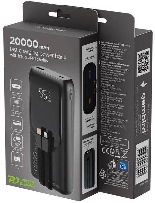 Gembird PB20-PD20-LCD-01 greito įkrovimo išorinė baterija su integruotais laidais, 20W, 20000 mAh, juodas