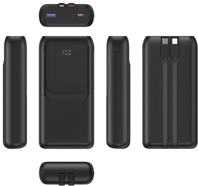 Gembird PB20-PD20-LCD-01 greito įkrovimo išorinė baterija su integruotais laidais, 20W, 20000 mAh, juodas