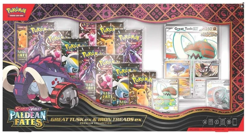 Kolekcionuojamos Kortelės - Pokémon Scarlet & Violet: Paldean Fates Great Tusk ex & Iron Threads ex Premium Kolekcija, 11 Booster Pakelių, Blizgus Apdaila