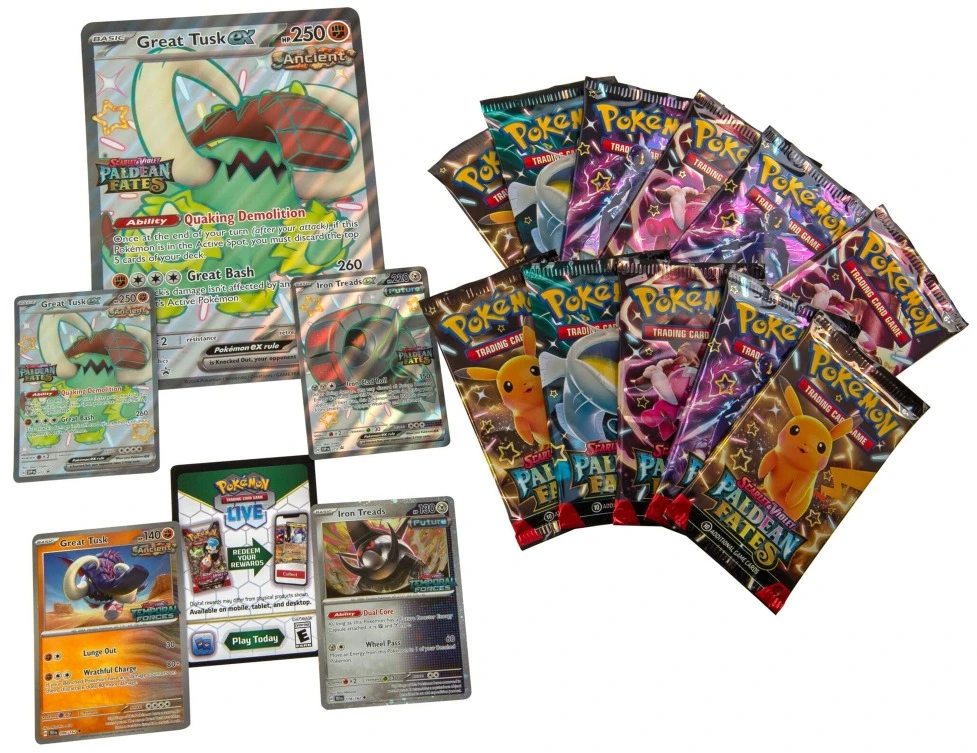Kolekcionuojamos Kortelės - Pokémon Scarlet & Violet: Paldean Fates Great Tusk ex & Iron Threads ex Premium Kolekcija, 11 Booster Pakelių, Blizgus Apdaila
