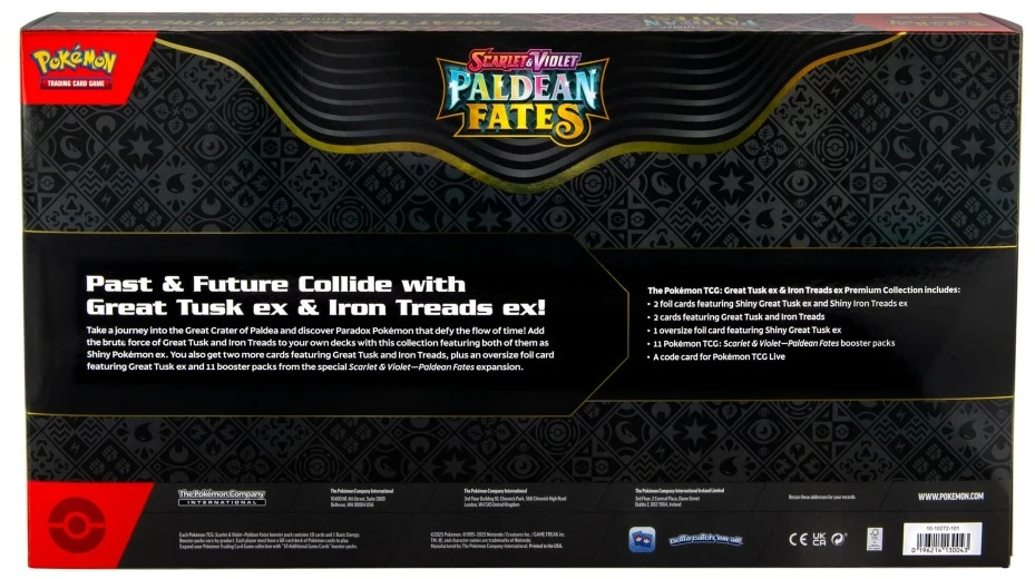 Kolekcionuojamos Kortelės - Pokémon Scarlet & Violet: Paldean Fates Great Tusk ex & Iron Threads ex Premium Kolekcija, 11 Booster Pakelių, Blizgus Apdaila