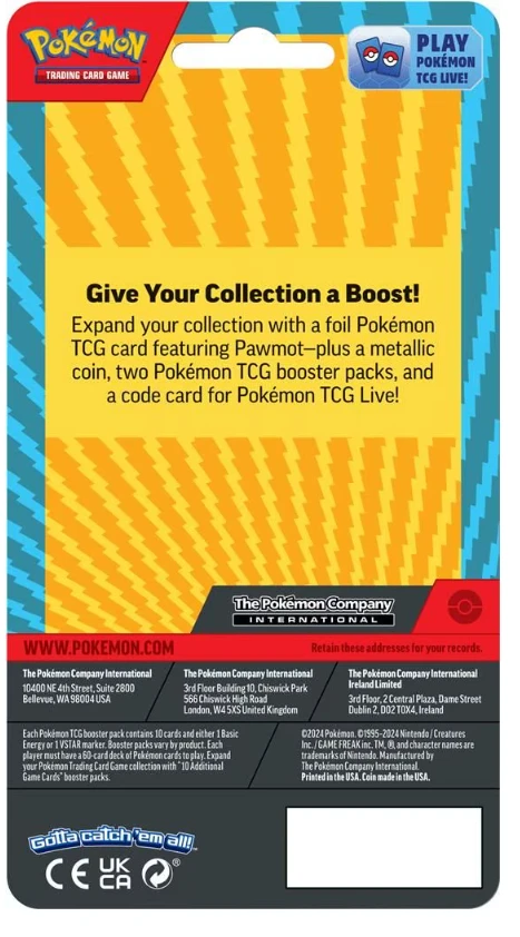 Kolekcionuojamos Kortelės - Pokémon TCG: Scarlet & Violet: Pawmot lizdinė pakuotė su moneta, 2 stiprintuvų rinkiniais, kodo kortele, anglų kalba