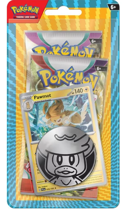 Kolekcionuojamos Kortelės - Pokémon TCG: Scarlet & Violet: Pawmot lizdinė pakuotė su moneta, 2 stiprintuvų rinkiniais, kodo kortele, anglų kalba