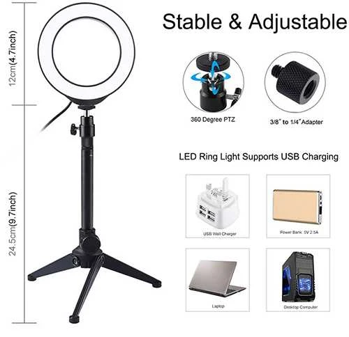 Puluz LED žiedinė lempa 12cm, su trikoju staliniu stovu iki 24.5cm, USB, RGBW
