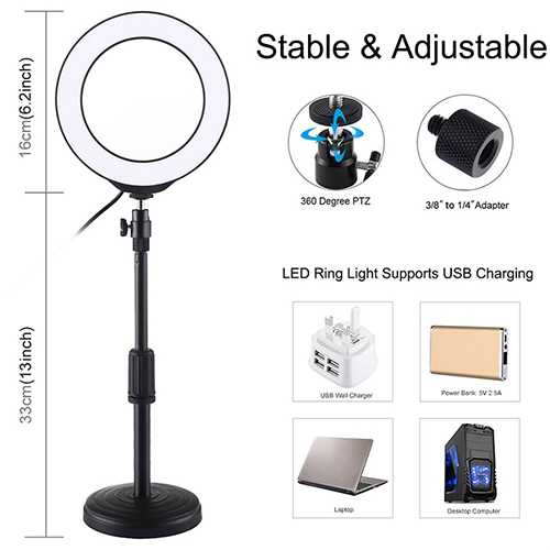 Puluz LED žiedinė lempa 16cm, su stovu 18-28cm, USB