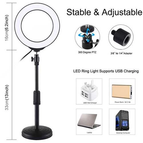 Puluz LED žiedinė lempa 16cm, su stovu iki 33cm, USB, RGBW
