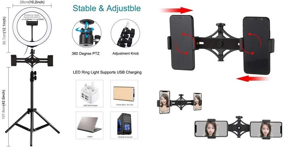 Puluz LED Žiedinė Lempa - 26cm su 1.1m Stovu, 3 Telefono Laikikliais, USB Maitinimu