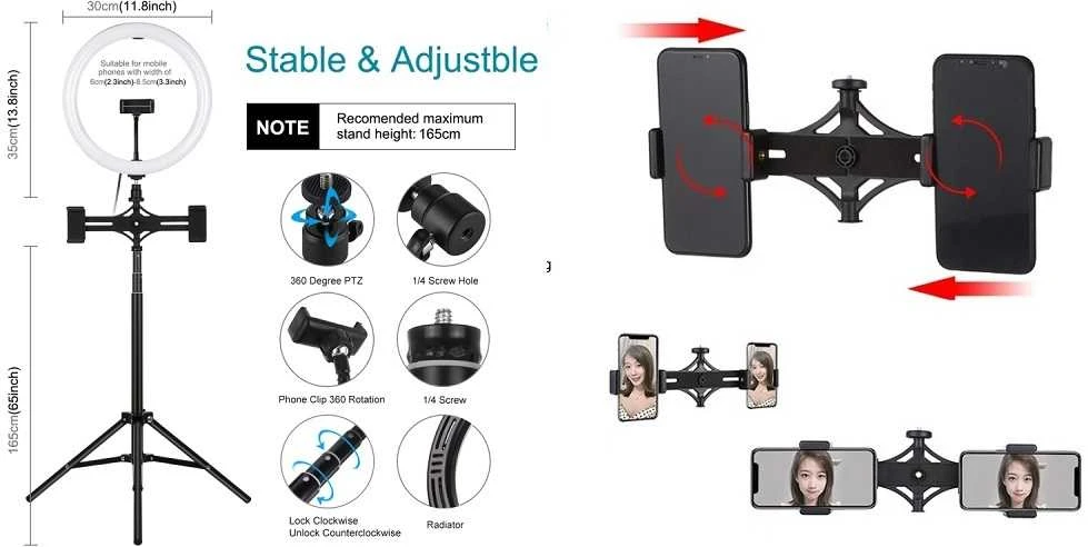 Puluz LED Žiedinė Lempa - 30cm su Reguliuojamu Stovu 37-165cm, 3 Telefono Laikikliais, USB