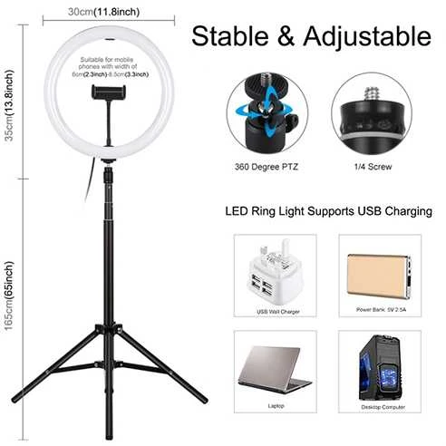 Puluz LED Žiedinė Lempa - 30cm su Stovu 1.65m, Telefono Laikikliu, USB Maitinimu