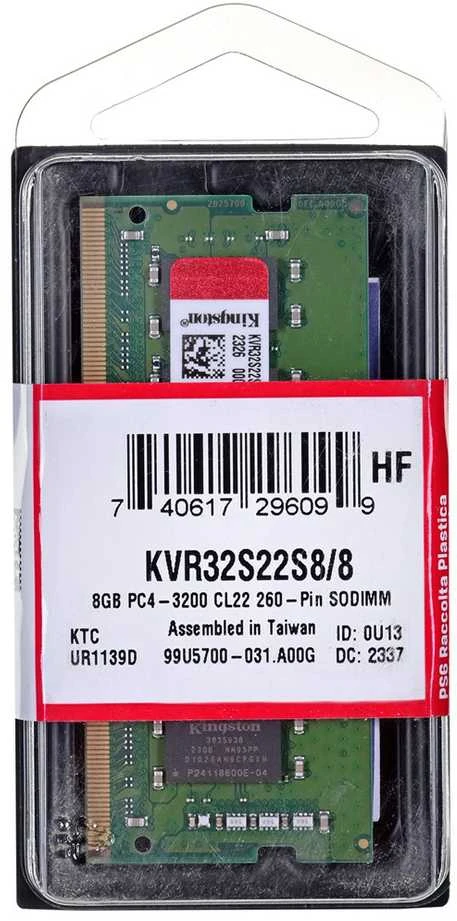 Nešiojamo kompiuterio atmintis Kingston Technology ValueRAM KVR32S22S8/8 atminties modulis 8 GB 1 x 8 GB DDR4 3200 MHz