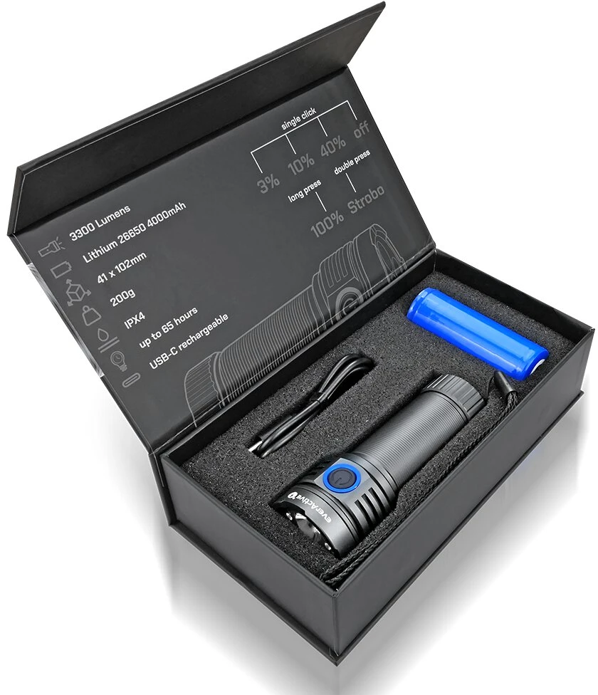 Rankinis Žibintuvėlis - everActive FL-3300R Luminator, 3 300 Liumenų, 4 000 mAh, USB-C, Pilkas