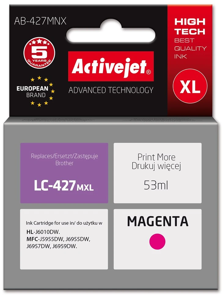Activejet AB-427MNX Brother spausdintuvas ink cartridge, replacement for Brother LC-427MXL; Supreme; 53 ml; magenta