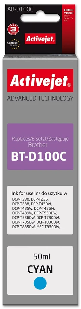 Activejet AB-D100C Ink cartridge for Brother printers, replacement for Brother BT-D100C; Supreme; 50 ml; cyan