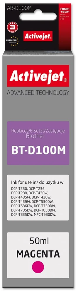 Activejet AB-D100M Ink cartridge for Brother printers, replacement for Brother BT-D100M; Supreme; 50 ml; magenta