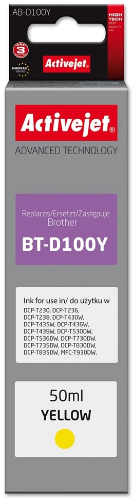 Activejet AB-D100Y Ink cartridge for Brother printers, replacement for Brother BT-D100Y; Supreme; 50 ml; yellow