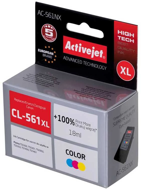 Rašalo Kasetė - Activejet AC-561NX Didelio Pajėgumo 18ml Suderinama su Canon CL-561XL Spalva: Mėlyna, Magenta, Geltona