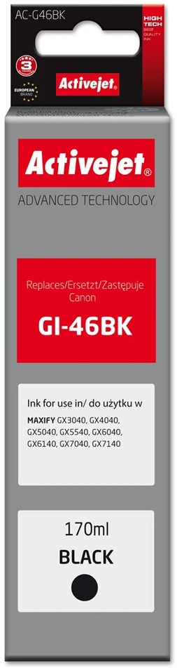 Activejet AC-G46BK Ink cartridge for Canon printers, Replacement for Canon GI-46BK; Supreme; 170 ml; juodas