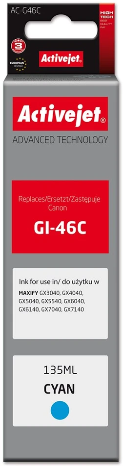 Activejet AC-G46C Rašalo kasetė, skirta Canon spausdintuvams, Canon GI-46C pakaitalas; Supreme; 135 ml; žydra