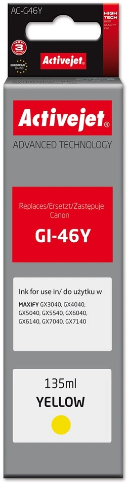 Activejet AC-G46Y Ink cartridge for Canon printers, replacement for Canon GI-46Y; Supreme; 135 ml; yellow