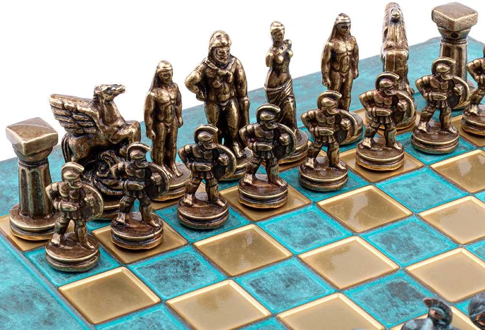 Šachmatų Rinkinys - Manopoulos Spartan Warrior Metal su 28 cm Lenta Bronzinė/Mėlyna