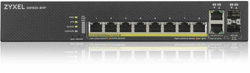 Šakotuvas ZYXEL GS1920-8HPV2, 10 prievadų išmanusis valdomas komutatorius, 8 gigabitų varinis ir 2 gigabitų dviejų asmenų, hibridinis režimas, autonominis arba „Nebulaflex“ debesis, 130 vatų POE, be ventiliatoriaus (5 metų garantija)