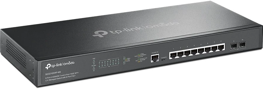 TP-LINK | 8 prievadų 10/100/2500 Mbps stalinio kompiuterio tinklo jungiklis | SG3210XHP-M2 | Tvarkoma L2+ | Montuojamas ant stovo | SFP+ jungtys kiekis 2 | Maitinimo tipas Išorinis
