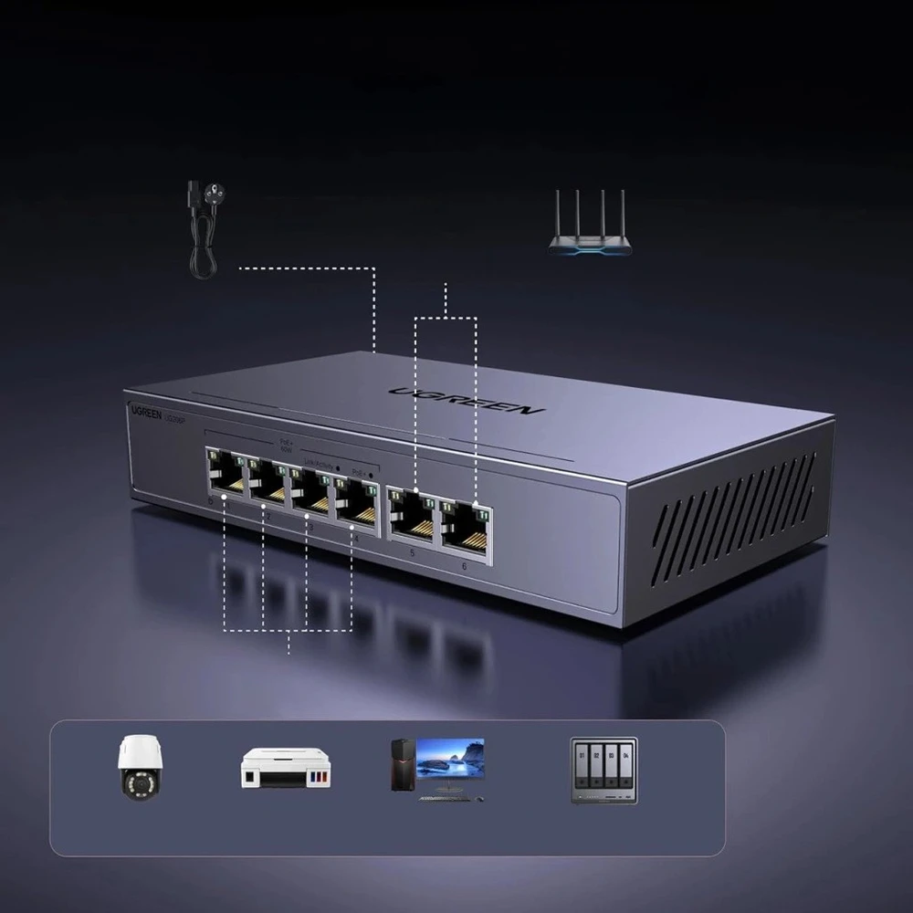 Šakotuvas Ugreen 6-port Ethernet switch 1 Gbps with PoE - pilkas