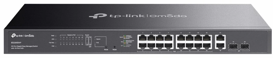 Šakotuvas TP-Link Omada ES220GMP tinklo komutatorius, valdomas L2 gigabito Ethernet (10/100/1000), maitinimas per Ethernet (PoE), Juodas